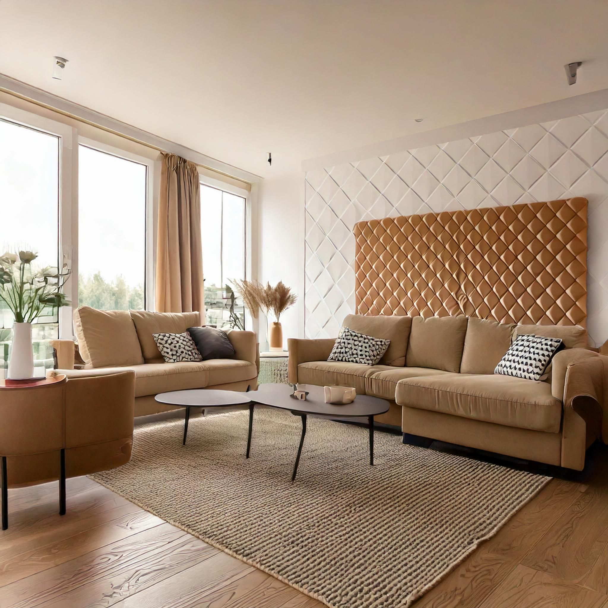 Modernes Wohnzimmer mit beigen Sofas und Kissen.