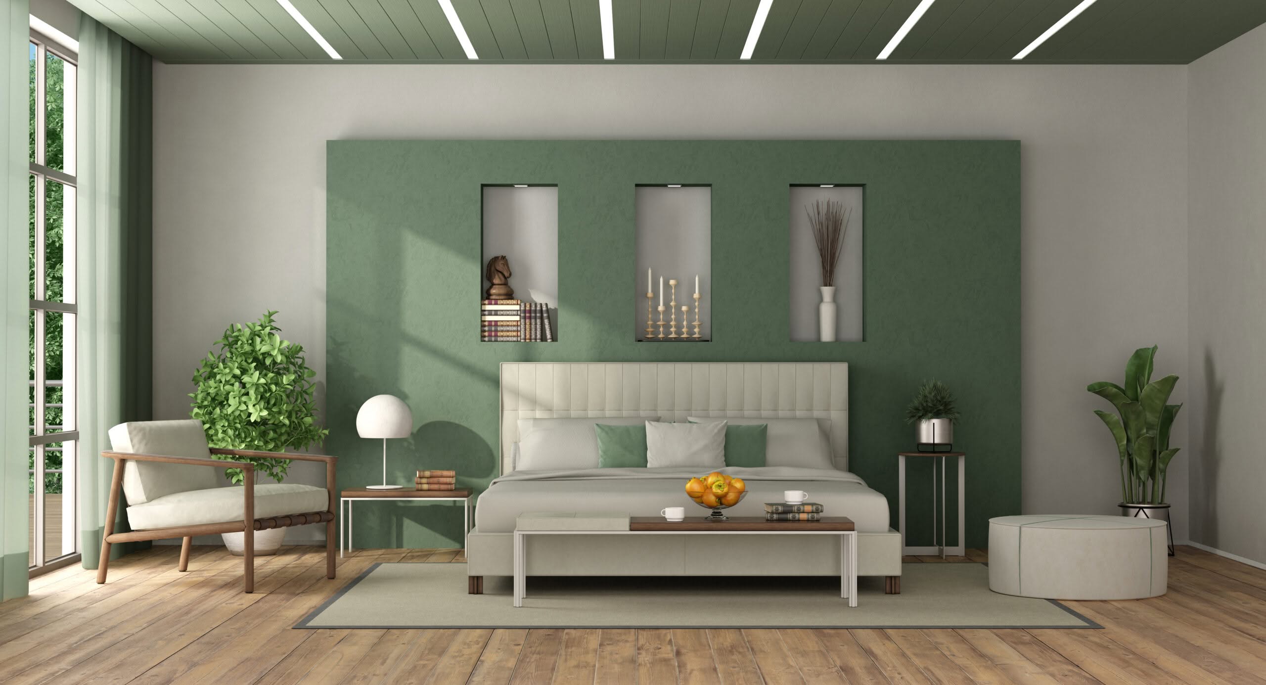 Modernes Schlafzimmer mit grüner Akzentwand und Pflanzen